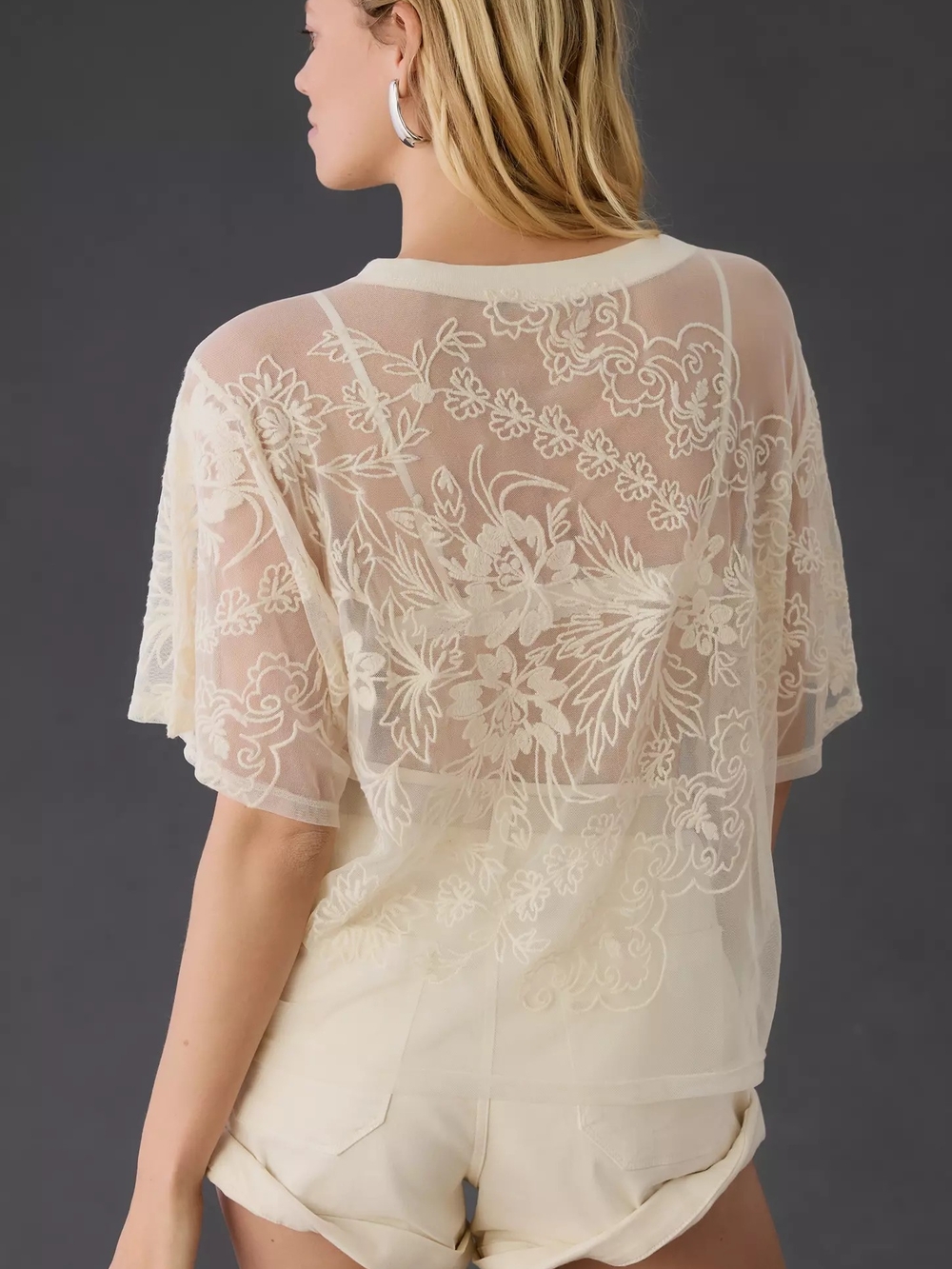 Anthropologie Sheer mesh embroidered top sm Fits To Lg - Picture 3 of 7